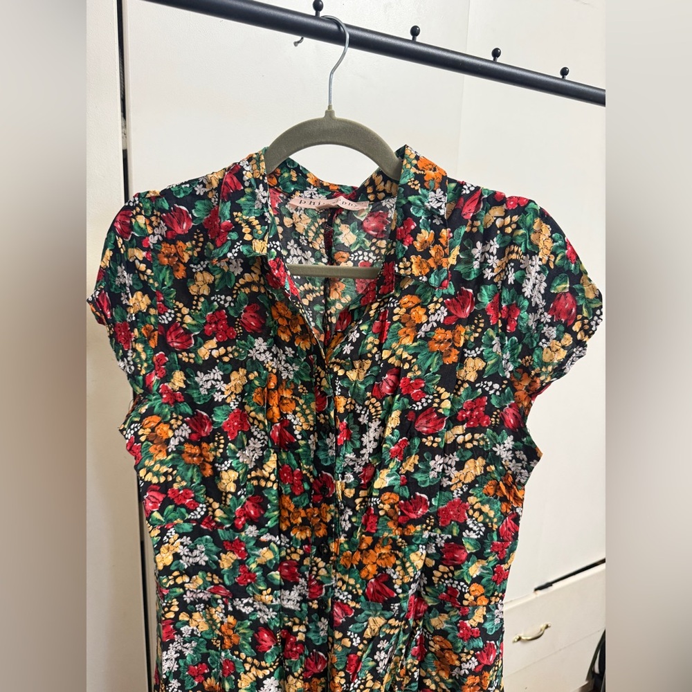 Philosophy Green Floral Maxi dress button down with Red & Yellow Blooms M/L - Picture 2 of 6